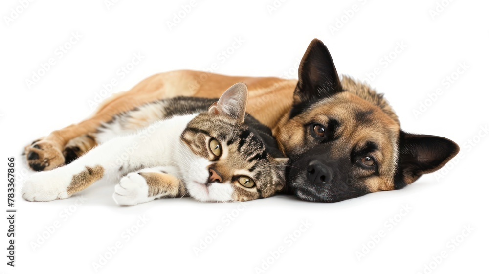cat and dog lying on white background