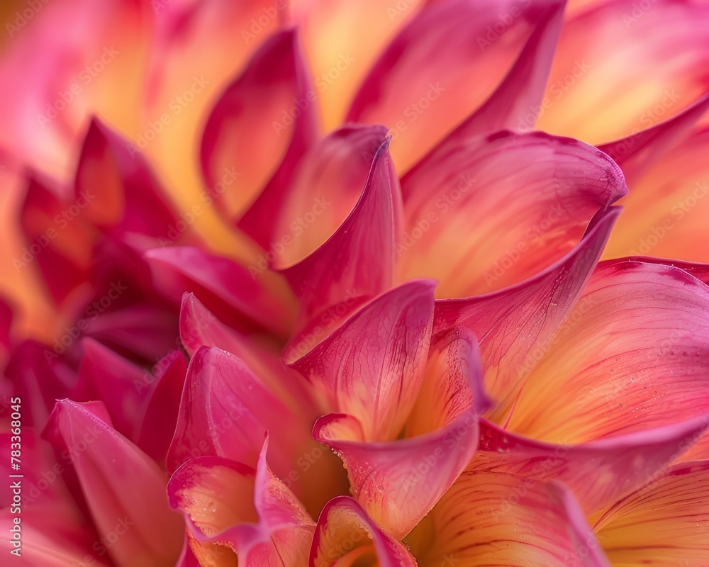 Close up of pink, red and yellow petals on a pink dahlia flower in bloom. Close up of pink, red and yellow petals on a pink dahlia flower in bloom.