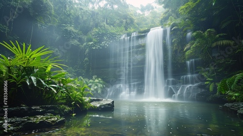 Majestic Waterfall in Dense Forest
