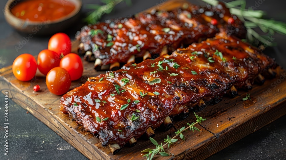 A wooden cutting board holds ribs, smothered in BBQ sauce, garnished with fresh herbs and tomatoes A wooden cutting board holds ribs, smothered in BBQ sauce, garnished with fresh herbs and tomatoes