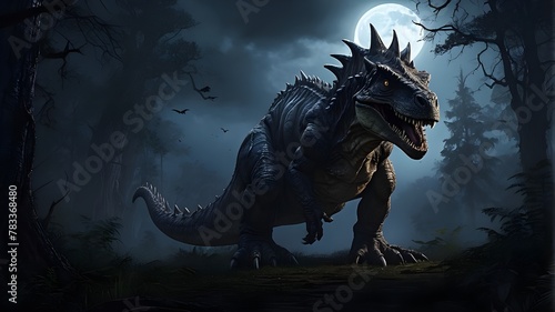A digital illustration of a scary dinosaur standing amidst a dark and foreboding forest. The forest is depicted with exaggerated proportions  with twisted trees and gnarled roots creating a sense of u
