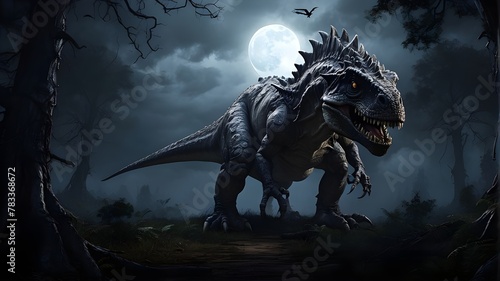 A digital illustration of a scary dinosaur standing amidst a dark and foreboding forest. The forest is depicted with exaggerated proportions, with twisted trees and gnarled roots creating a sense of u photo