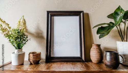 a mockup poster featuring a 5x7 dark wooden frame displayed on a beige wall in a sunlit interior setting offering a minimalist approach to home decor