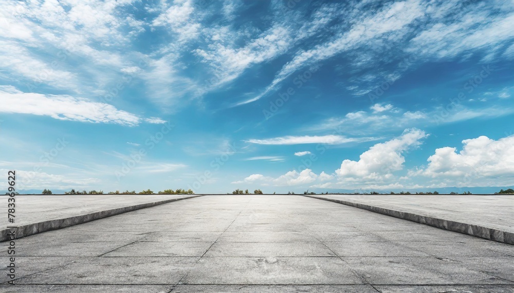 beautiful blue sky background with nice subtle clouds and empty spacious gray concrete street floor