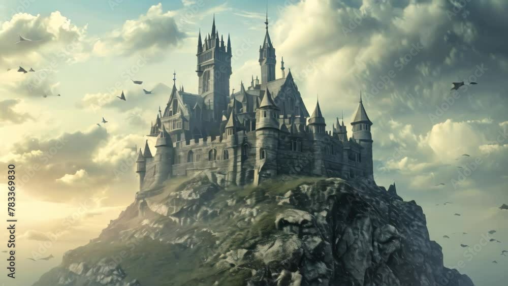 A majestic castle is situated atop a massive rock formation, creating a striking and commanding presence, An imposing Gothic fortress perched on a rocky outcrop, AI Generated A majestic castle is situated atop a massive rock formation, creating a striking and commanding presence, An imposing Gothic fortress perched on a rocky outcrop, AI Generated