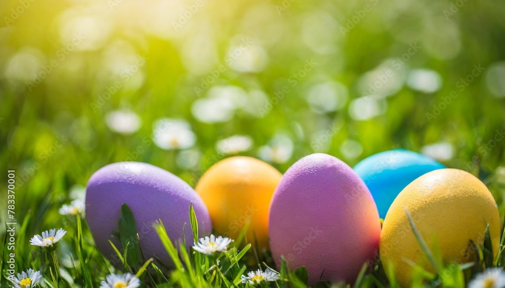 colourful easter eggs on green fresh grass on blurred nature background easter background with space for text