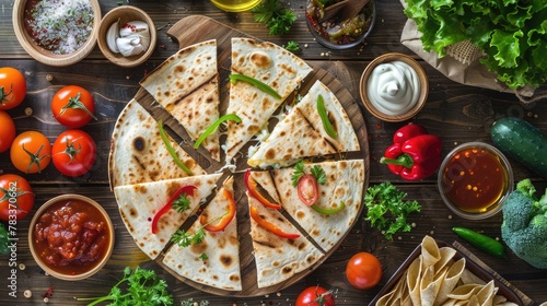 Quesadilla sliced with vegetables and sauces on the table. horizontal view from above