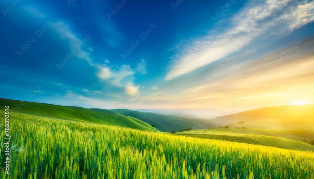 abstract bright gradient motion spring or summer landscape texture with natural yellow green lights and blue bright cloudy and sunny sky autumn or summer background with copy space