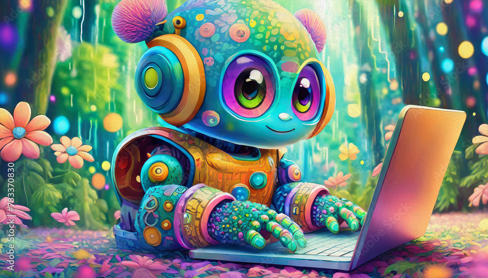 oil painting style cartoon character pattern of multicolored Close up of baby robot cartoon character hacker