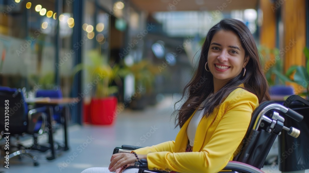 Smiling young woman in wheelchair in business company for inclusion concept
