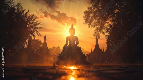 Silhouette of Buddha and temple with sun shining from behind © buraratn