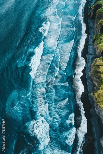 The black sand beach in Iceland. Aerial view and top view. Beautiful natural backdrop