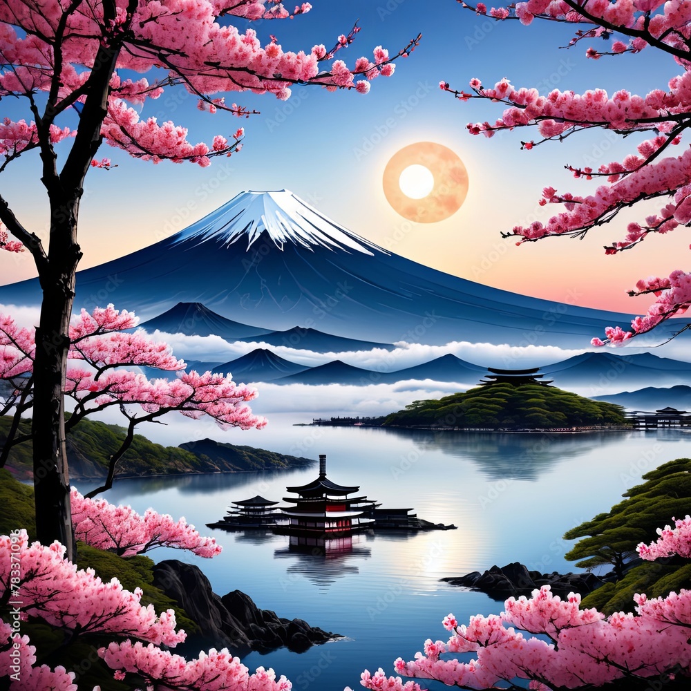 Traditional Japanese pagoda surrounded by blooming cherry trees in full ...