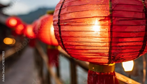 chinese lunar new year red lanterns with lighted candles generative ai © Leila