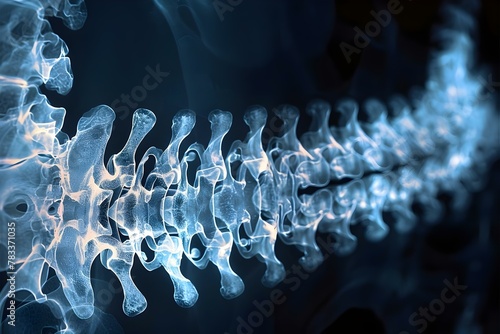 Blue-Toned Spinal X-Ray on Dark Background. Concept Medical Imaging, Spinal X-Ray, Blue Tone, Dark Background