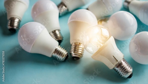 background of white led light bulbs with glowing light bulbs on light blue backdrop ecology save energy environment and creative and idea concept fat lay