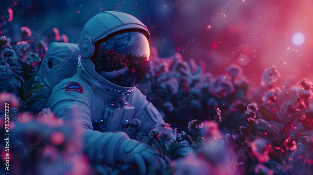 An astronaut in a spacesuit surrounded by flowers on a distant planet An astronaut in a spacesuit surrounded by flowers on a distant planet