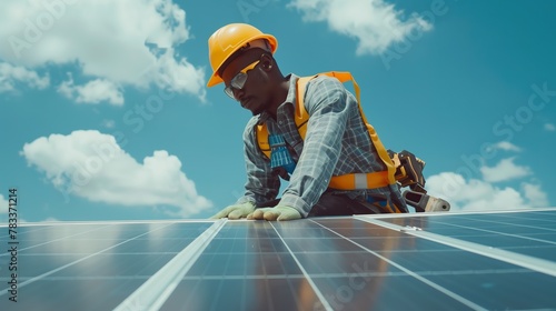 African American man working installing solar photovoltaic panels