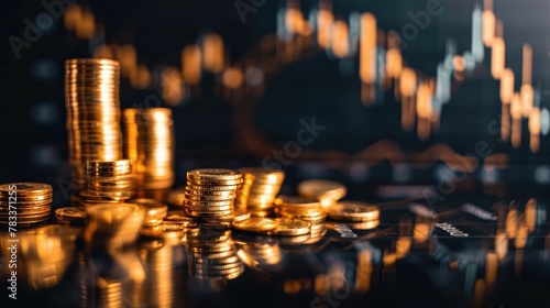 Discover the allure of financial prosperity . Gold bars and coins on a candlestick graph against a black background symbolize wealth, success, and investment