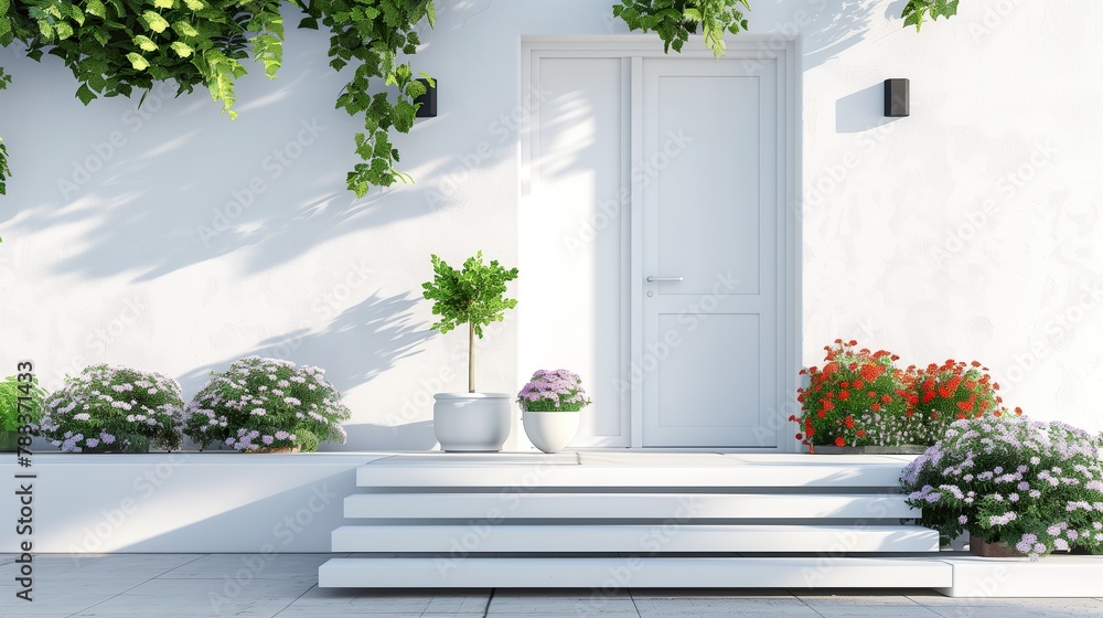 White facade of a modern house with front door, potted flowers.entrance home exterior White facade of a modern house with front door, potted flowers.entrance home exterior