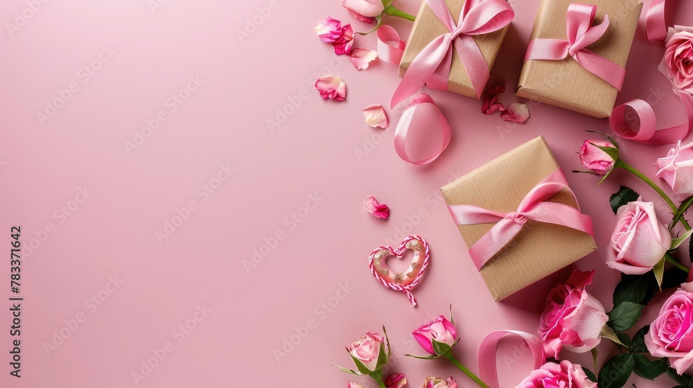 Ribbon in shape of heart with gift boxes and rose flowers on pink background. Happy Valentines day, Mothers day, birthday concept. Romantic flat Ribbon in shape of heart with gift boxes and rose flowers on pink background. Happy Valentines day, Mothers day, birthday concept. Romantic flat