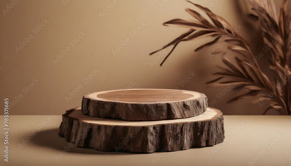 wood slice podium on beige background for cosmetic product mockup wood slice podium on beige background for cosmetic product mockup