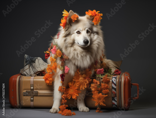 An adorable, fluffy dog adorned with a garland of autumn leaves, sits poised next to vintage luggage.