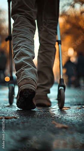 Man Walking with Crutches on City Sidewalk,Supporting Healthcare and Wellness