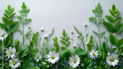   White flowers with green leaves against a pristine white background A simple white wall dividing the scene in the middle