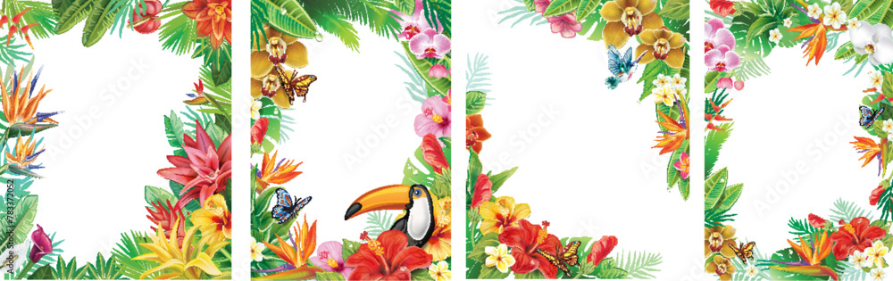 Set of Frames and from Tropical Flowers and Tropical Leaf - obrazy, fototapety, plakaty 