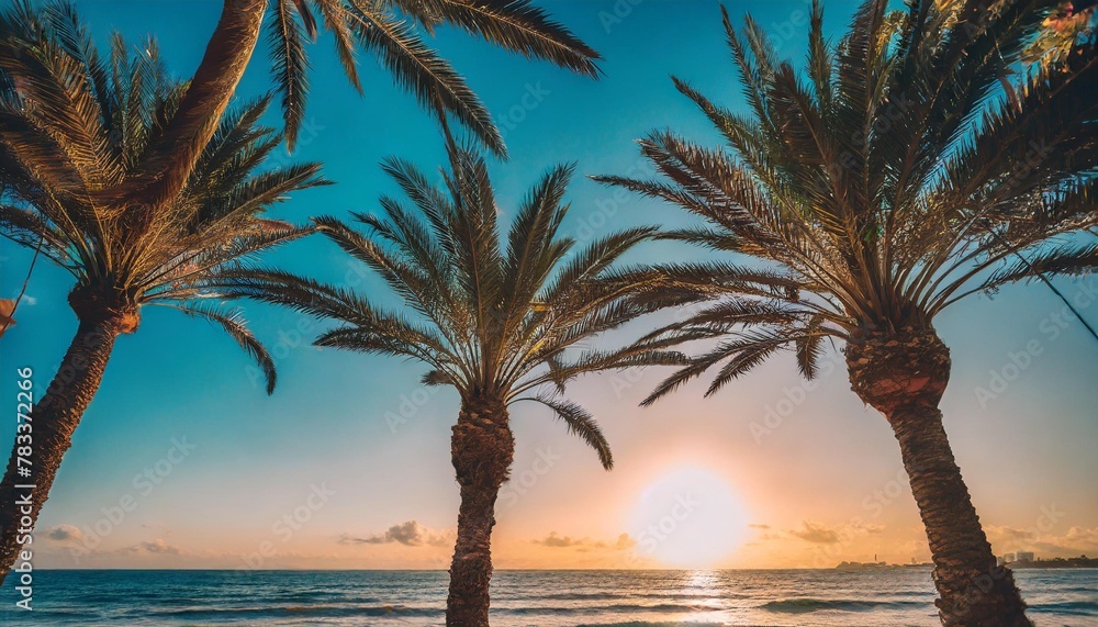 80 s or 90 s retro sunset landscape evening on the beach with palm trees colorful picture for rest palm trees at sunset generative ai