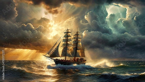 19th century clipper crossing the ocean at full speed to escape the towering storm tall storm clouds in the background lightning flashing from the clouds sun shining through the clouds