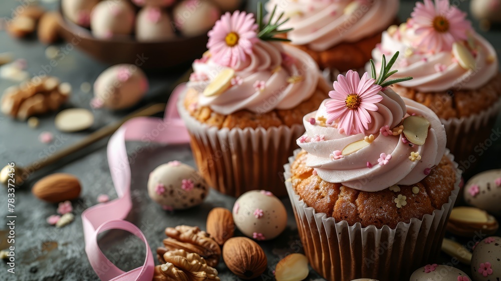 A collection of pink-frosted cupcakes adorned with edible blooms, adjacent to nuts and a pink ribbon A collection of pink-frosted cupcakes adorned with edible blooms, adjacent to nuts and a pink ribbon