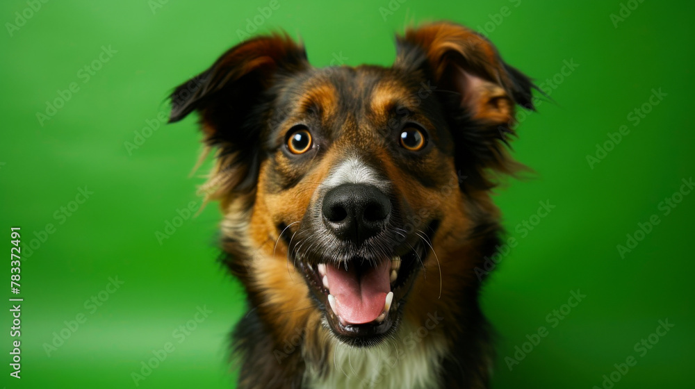 Fototapeta premium Close-Up of Young Dog Smiling in Studio, Green Background