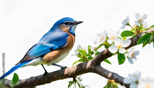 watercolor illustration of beautiful blue bird bluetail sitting on a twig with small flowers isolated on white background © Patti