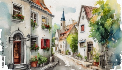 watercolor painting of a little street with old houses illustration isolated on white background
