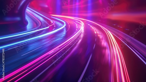 Abstract motion curvy urban road with neon light motion effect applied . Automobile background use concept .