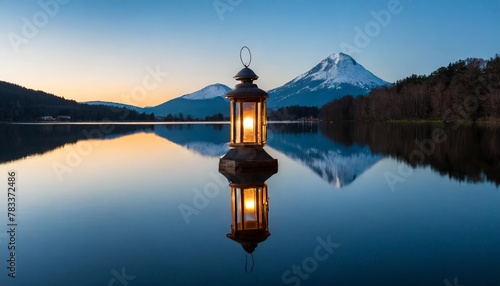 panoramic stunning photo of lantern reflected on a lake with mirror water surface photo