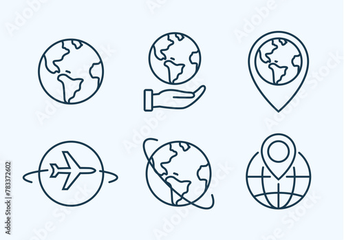 World globe line icon. Vector Earth global country map planet line icon. Travel internet globe set