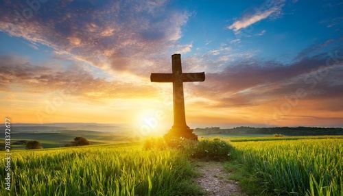 happy resurrection sunday card with sunrise over fields