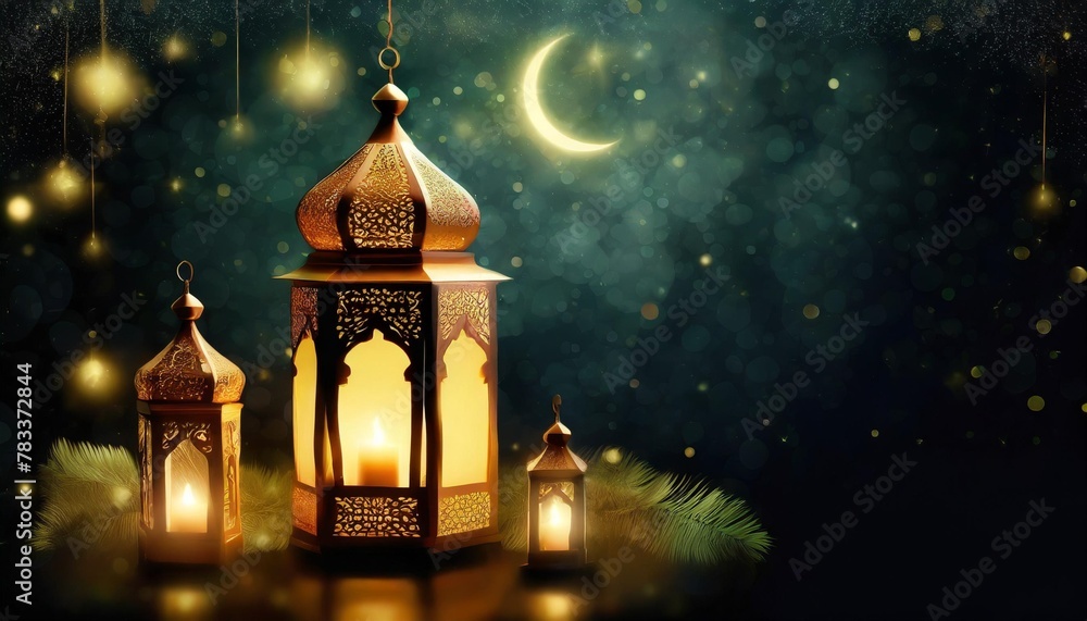 Fototapeta premium eid al fitr eve holiday background with lantern decor art illustration