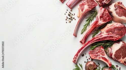 Assortment of various raw lamb cut parts with copy space