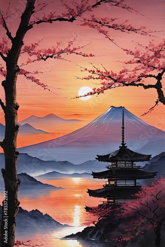 Japanese sunset over tranquil landscape, featuring traditional pagoda silhouetted against radiant sky. Blend of vibrant colors captures essence of peace.For art, creative projects, fashion, magazines.
