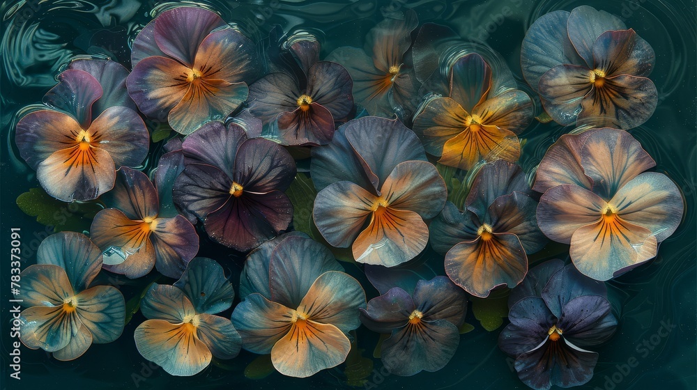 A collection of flowers hovering above water's surface, their roots submerged; underwater, leaves adorn the flower stems A collection of flowers hovering above water's surface, their roots submerged; underwater, leaves adorn the flower stems