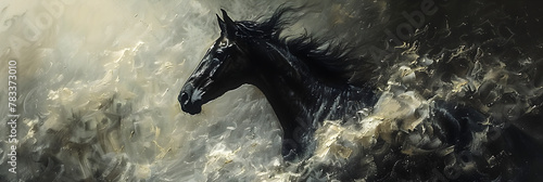 Horse,
horse runs through dark storm clouds among lightning