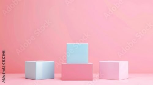 Awarding podium made of three pastel square shapes of different sized against blank pink background for copy space