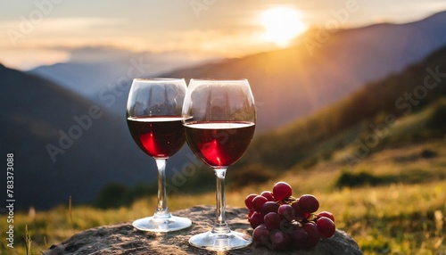 two glasses of red wine in the mountains romantic evening eco style