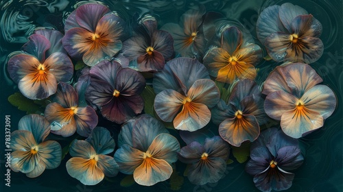  A collection of flowers hovering above water's surface, their roots submerged; underwater, leaves adorn the flower stems