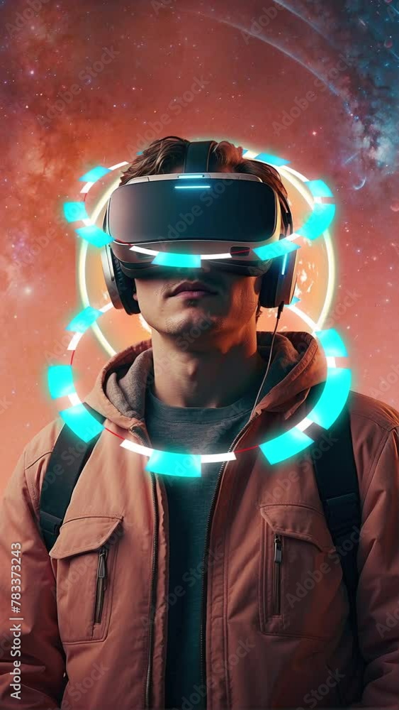 A man uses virtual reality glasses to immerse himself in an advanced and innovative world. Three-dimensional interaction and artificial intelligence transport him to a cyberspace. A man uses virtual reality glasses to immerse himself in an advanced and innovative world. Three-dimensional interaction and artificial intelligence transport him to a cyberspace.
