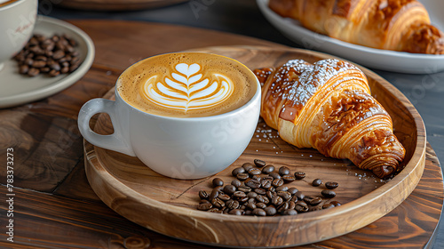 a cup of coffee adorned with intricate latte art and a golden-brown croissant, both resting on a rustic wooden tray
